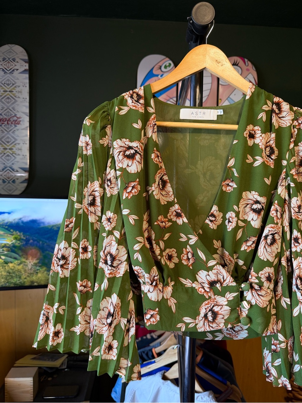 Astr Floral Wrap Crop Top Olive Green Women’s Blouse